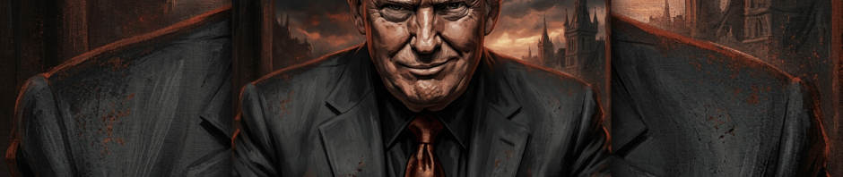 Man with folded hands in dark suit and tie with gothic cityscape and stormy sky